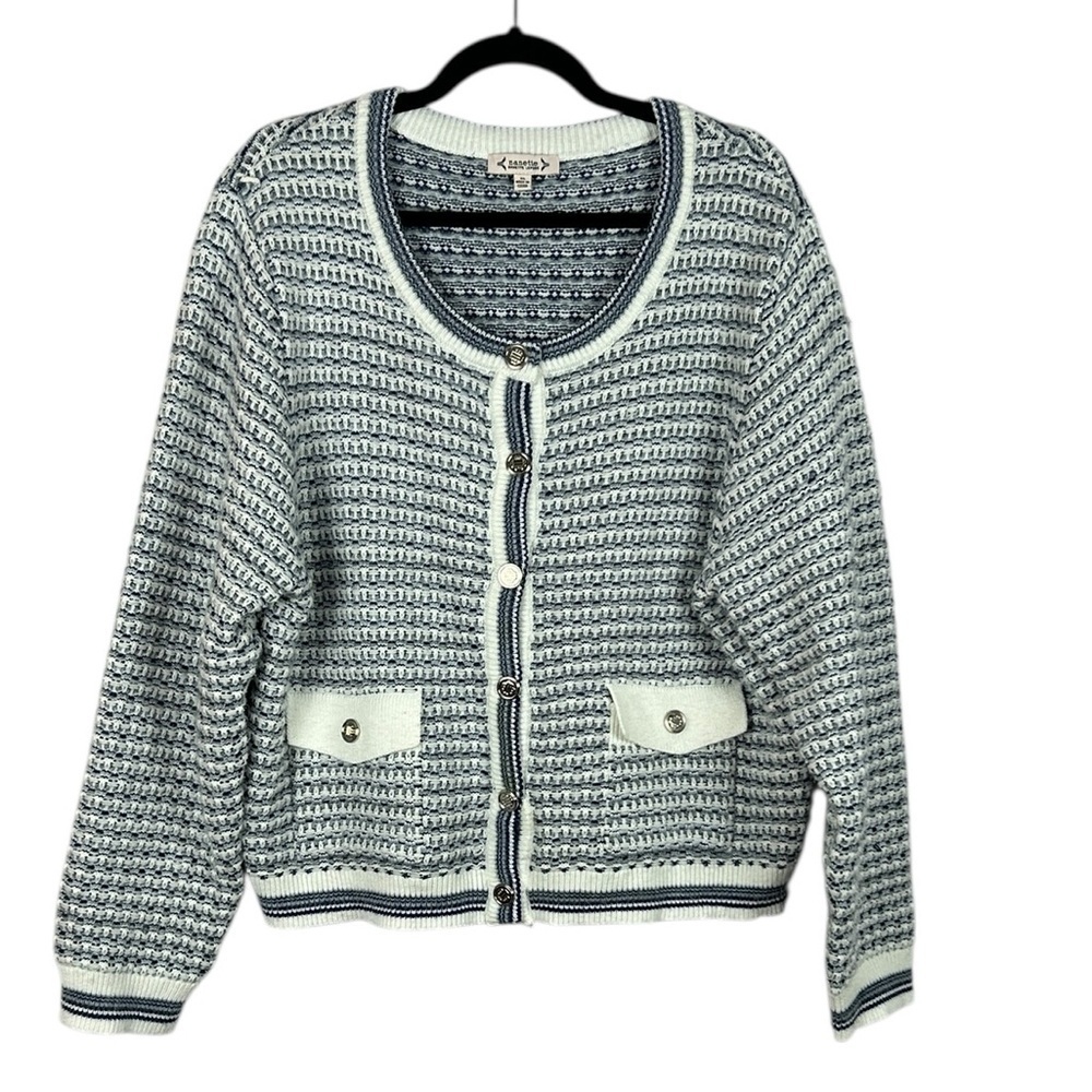 Nanette Lepore Preppy Long Sleeve Chunky Knit Cardigan Sweater XL Blue White